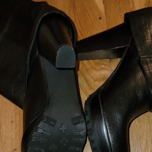 Women Black lea NineWest mid calf cuffed size 11 lug bottom mid platform boot - Picture 5 of 10